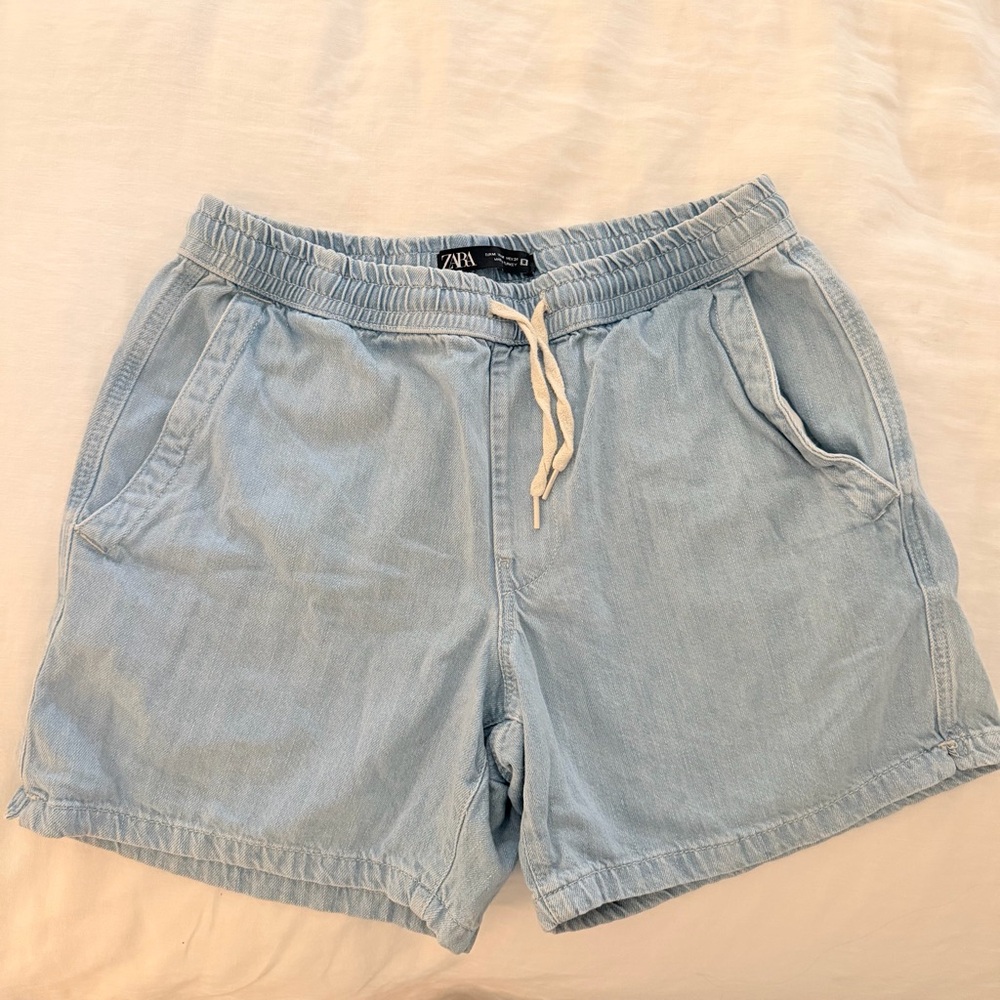 Zara Sky Blue Cotton-Blend Shorts